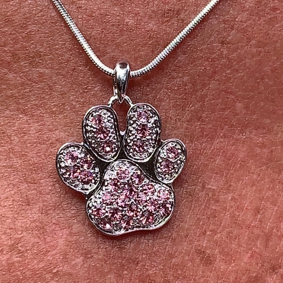 New Rhodium Plated Paw Necklace with Pink Crystals - Picture 5 of 6